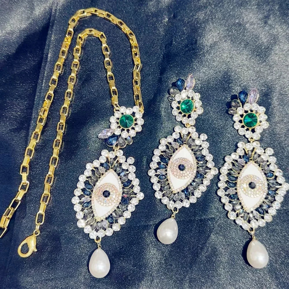 Vintage Ethnic Rhinestone Eye Pendant Dangle Earrings + Necklace Set