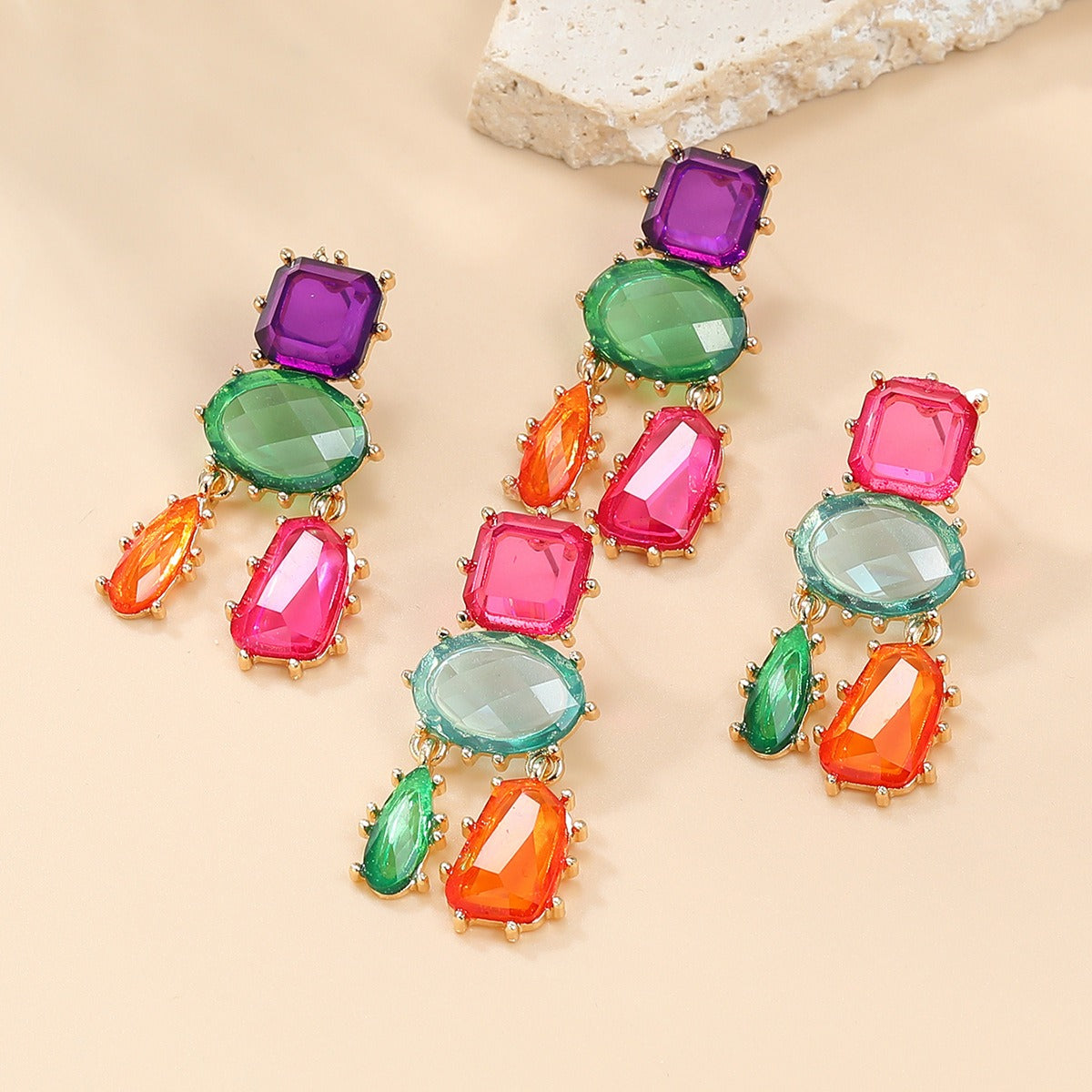 Colorful Exaggerated Multi-Layered Geometric Earrings