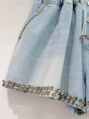 Diamond Studded High Waist Wide Leg Denim Shorts