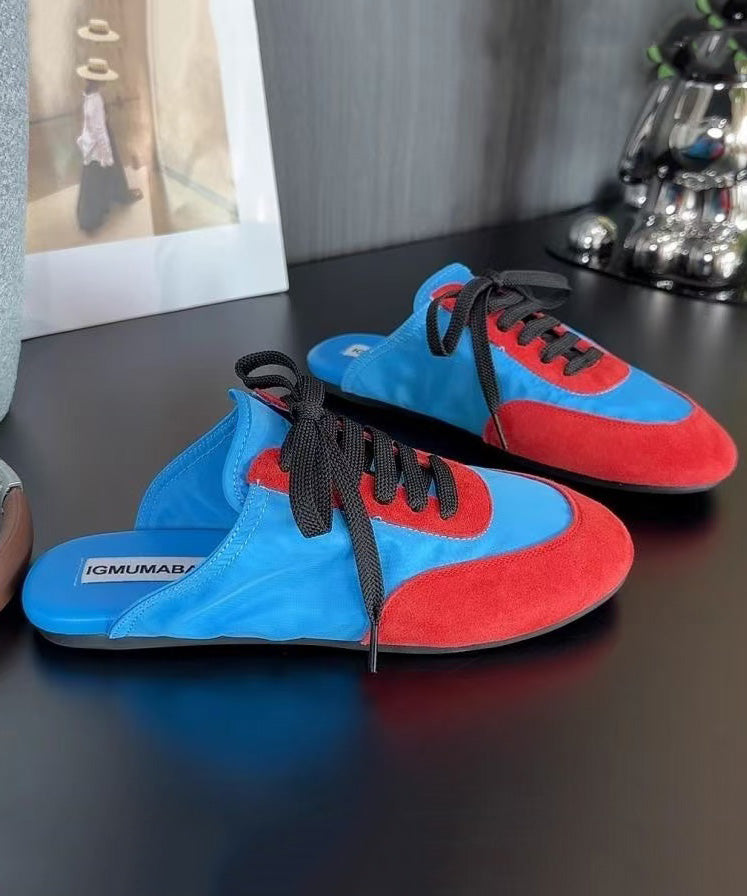 Fashion Lace Up Splicing Blue Suede Slide Sandals