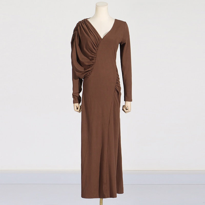 Asymmetric Slim Fit V-Neck Pleated Maxi Dress