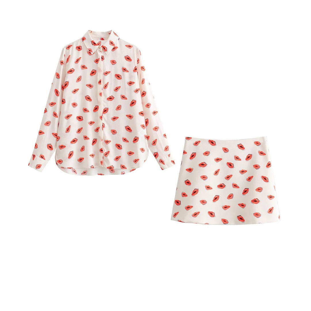 Casual Lips Print Long Sleeve Shirt + Mini Skirt