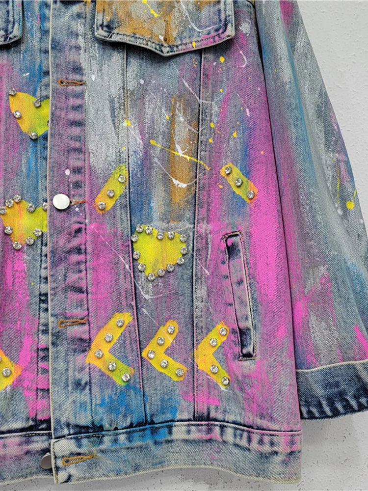 Colorful Heart Shaped Graffiti Hand Drawn Denim Jacket