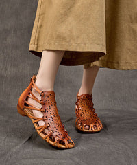 Brown Hollow Out Cowhide Leather Splicing Sandals
