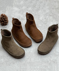 Coffee Cowhide Leather Boots Zippered Vintage Ankle Boots