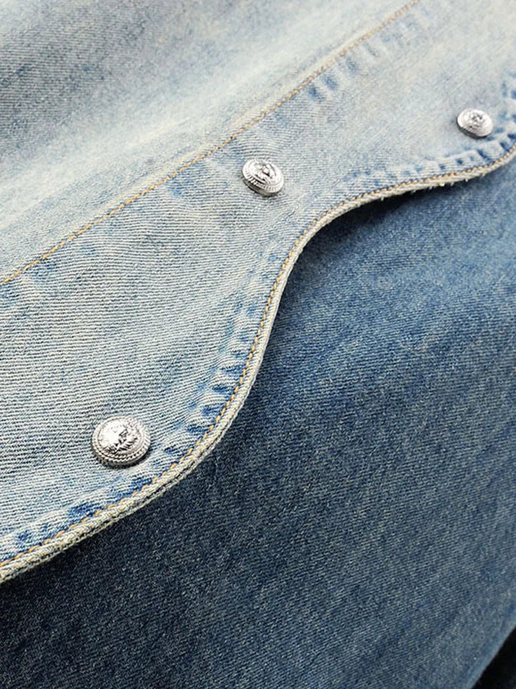 Casual Color Block Big Size Long Sleeve Denim Shirt