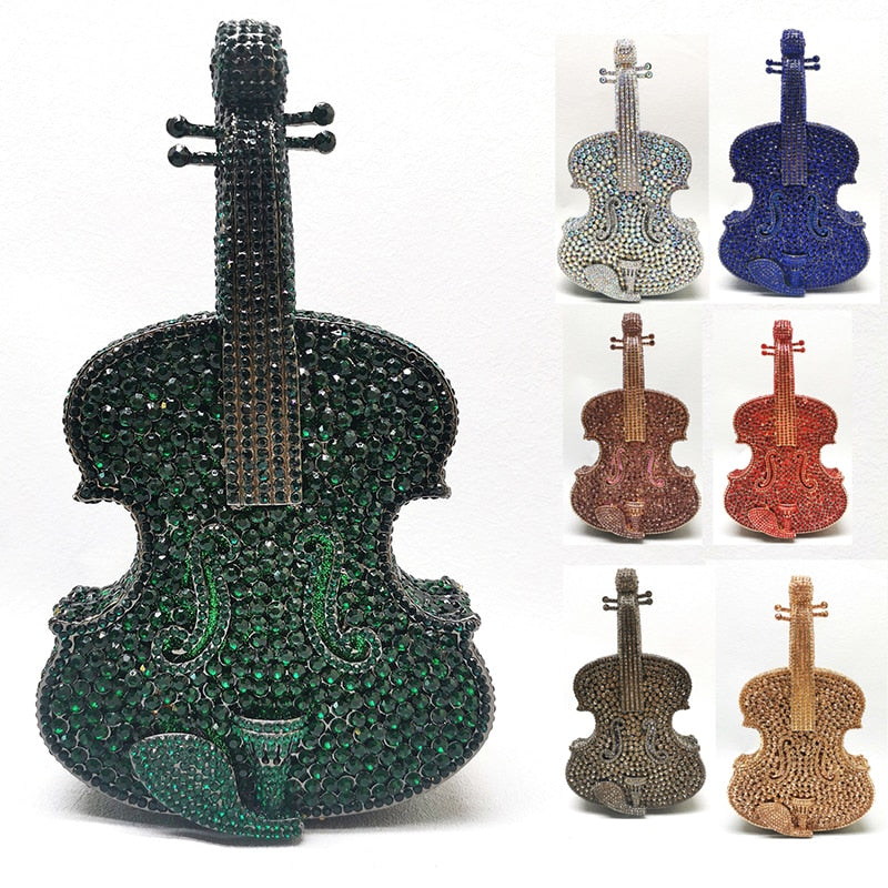 Violin-Shape Rhinestone Clutch Bag