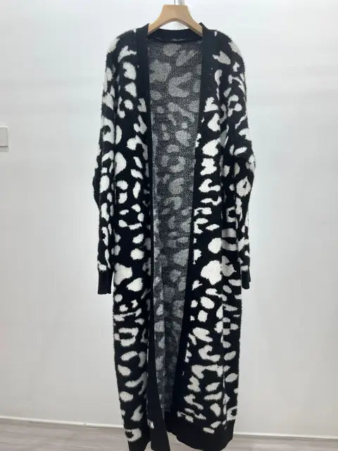 Animal Print Thick Long Loose Knit Cardigan