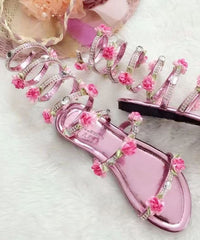 Snake Shaped Entangled Flower Rhinestone Roman Flat Sexy Sandals