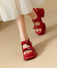 Chic Splicing Chunky Sandals Black Cowhide Leather Peep Toe