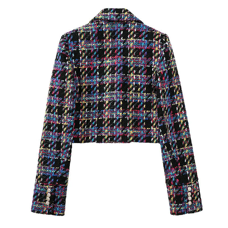 Casual Plaid Long Sleeve Double Breasted Cropped Blazer