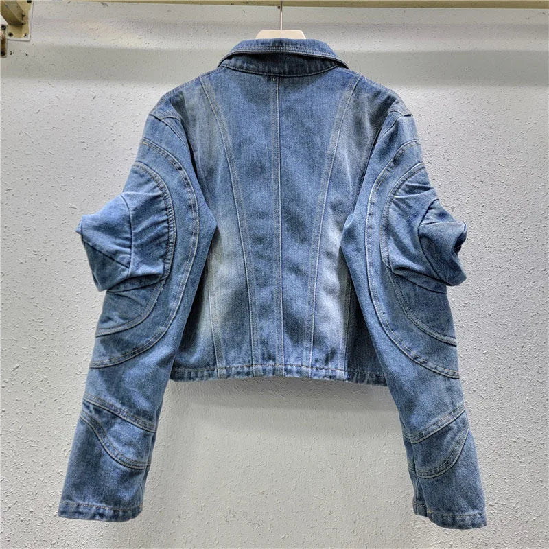 Casual Puff Sleeve Zip Denim Jacket