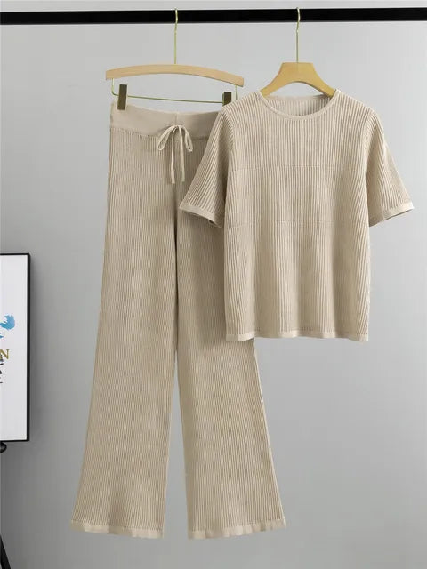 Semi Transparent Loose Knit T-Shirt + Wide Leg Pants Set