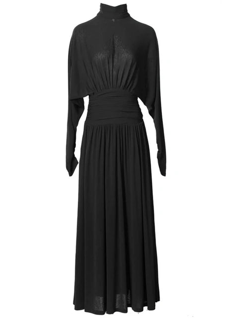 Turtleneck Waist Wrap Batwing Sleeve Maxi Dress