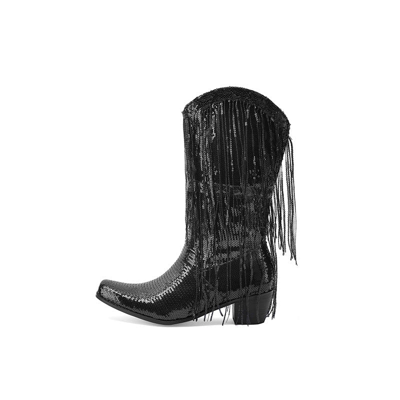 Curved Toe Sequin Tassel Mid-Calf Cowboy Boots