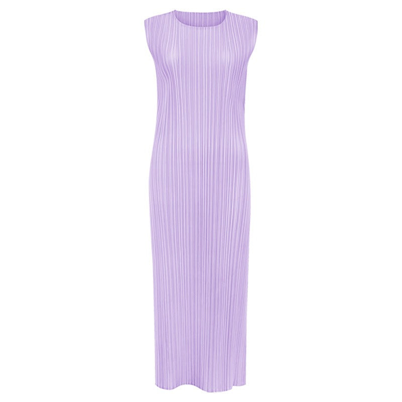 Solid Pleated Sleeveless Midi Dress