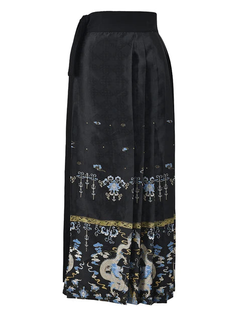 Pleated Dragon Jacquard Lace Up Skirt