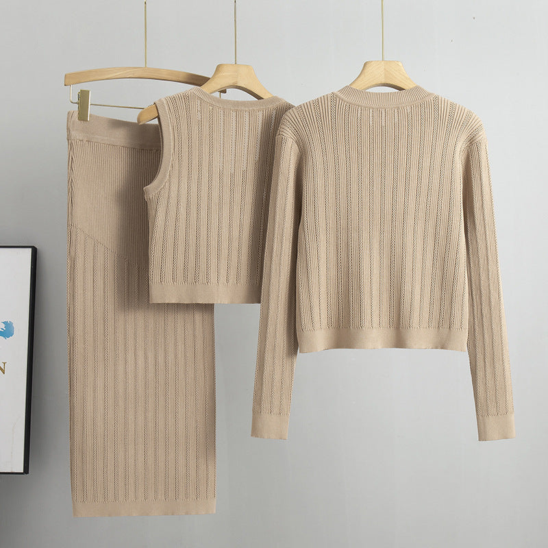 Solid Pleated Cardigan Vest Skirt Knitted Set