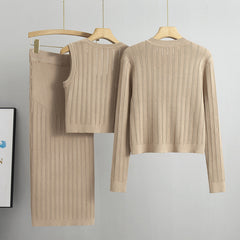 Solid Pleated Cardigan Vest Skirt Knitted Set
