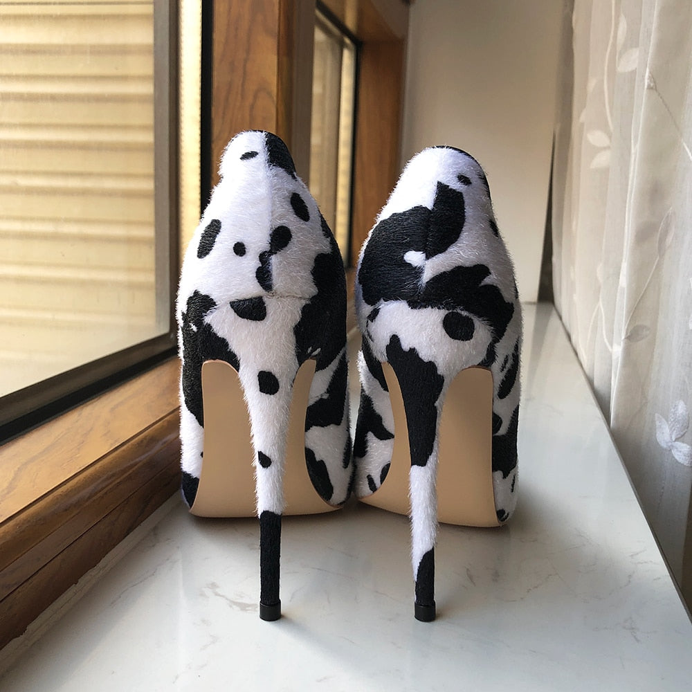 White Flock Pointed-Toe Cow Printed Shoes