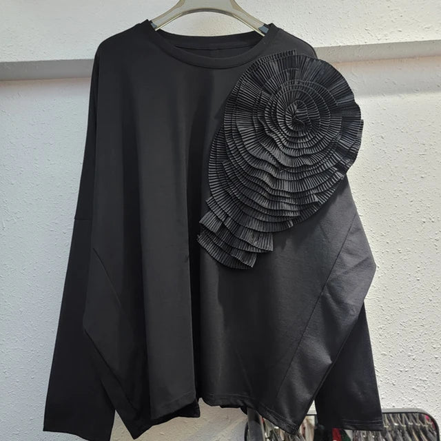 Pleated 3D Flower Loose Casual Round Neck Top