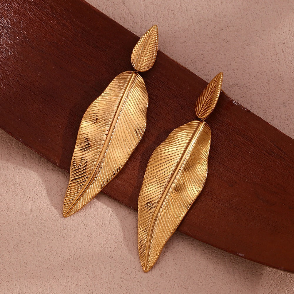 Gold Spliced Feather Leaf Earrings