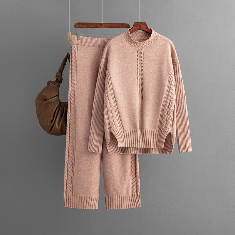 Casual Solid Loose Knit Sweater + Pants Set