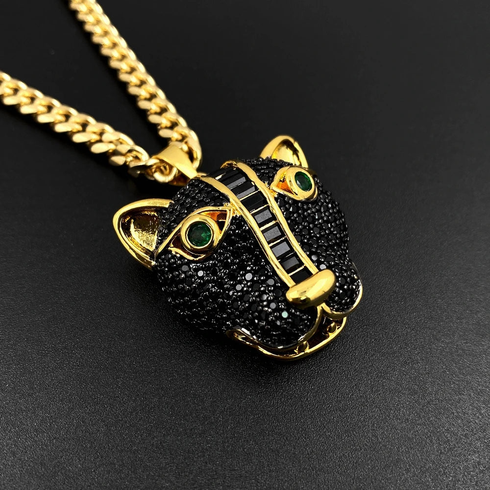 Cubic Zircon Leopard Head Pendant Cuban Chain Necklace