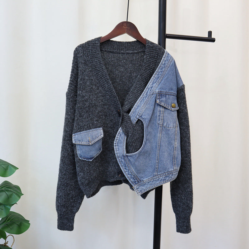 Casual Patchwork Denim Knitted Cardigan