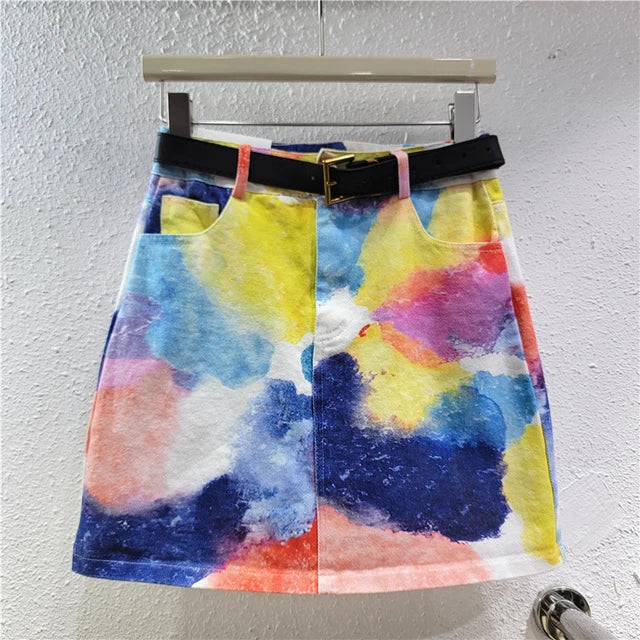 Tie Dye High Waist A-Line Denim Short Skirt
