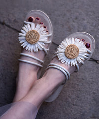 Beige Faux Leather Women Floral Splicing Slide Sandals