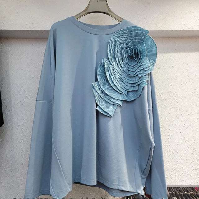Pleated 3D Flower Loose Casual Round Neck Top