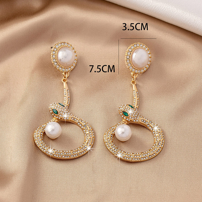 Snake Shaped Pearl Diamond Inlaid Earrings
