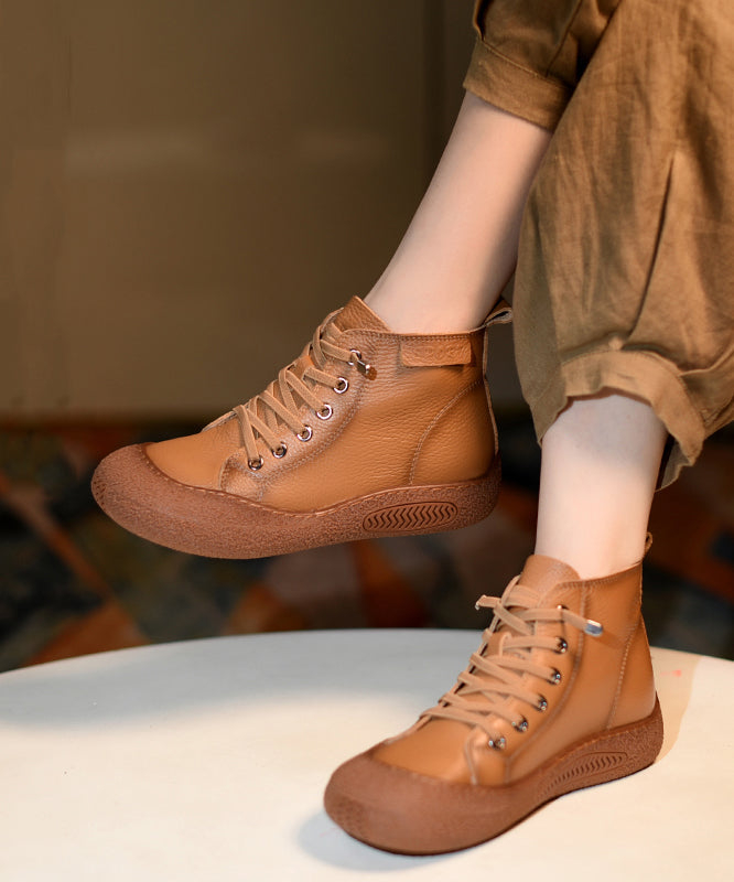 Brown Boots Cowhide Leather Vintage Splicing Cross Strap