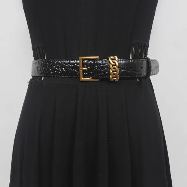 Metal Buckle Long Leather Belt