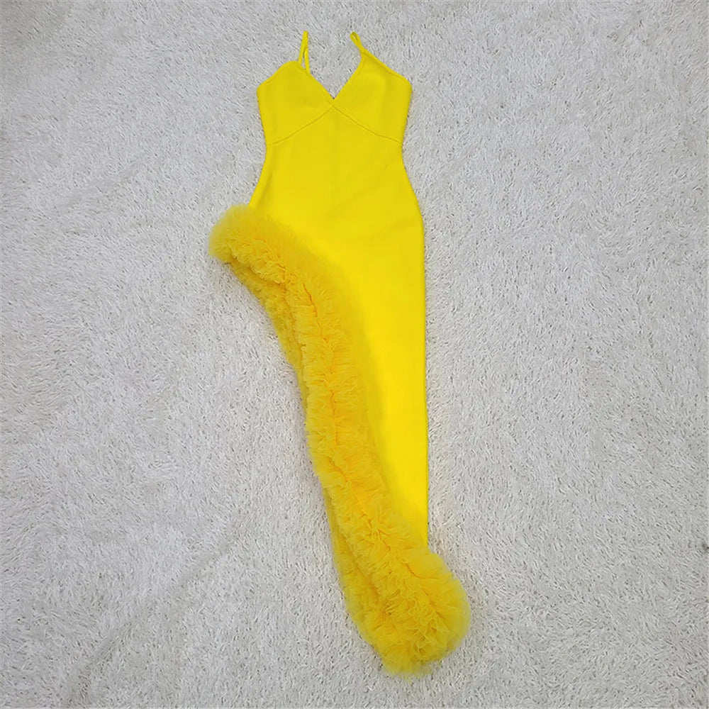 Yellow Thin-Strap Bandage Ruffled Dress