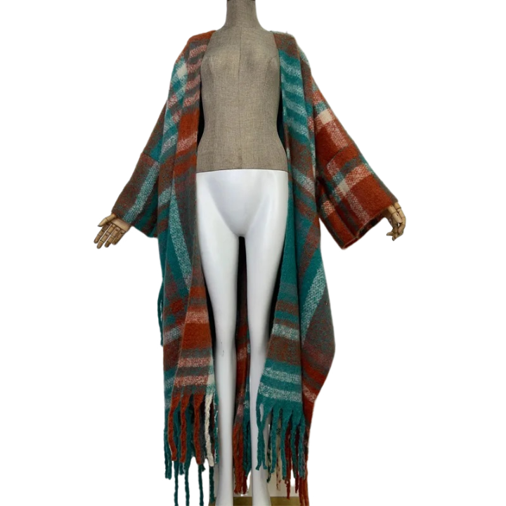 Casual Plaid Long Tassel Cardigan - WINI