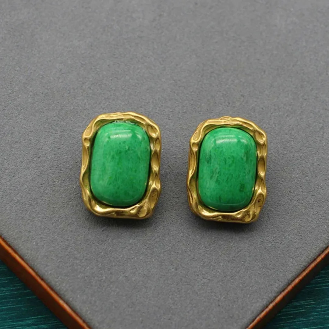 Medieval 925 Silver Needle Green Stone Earrings