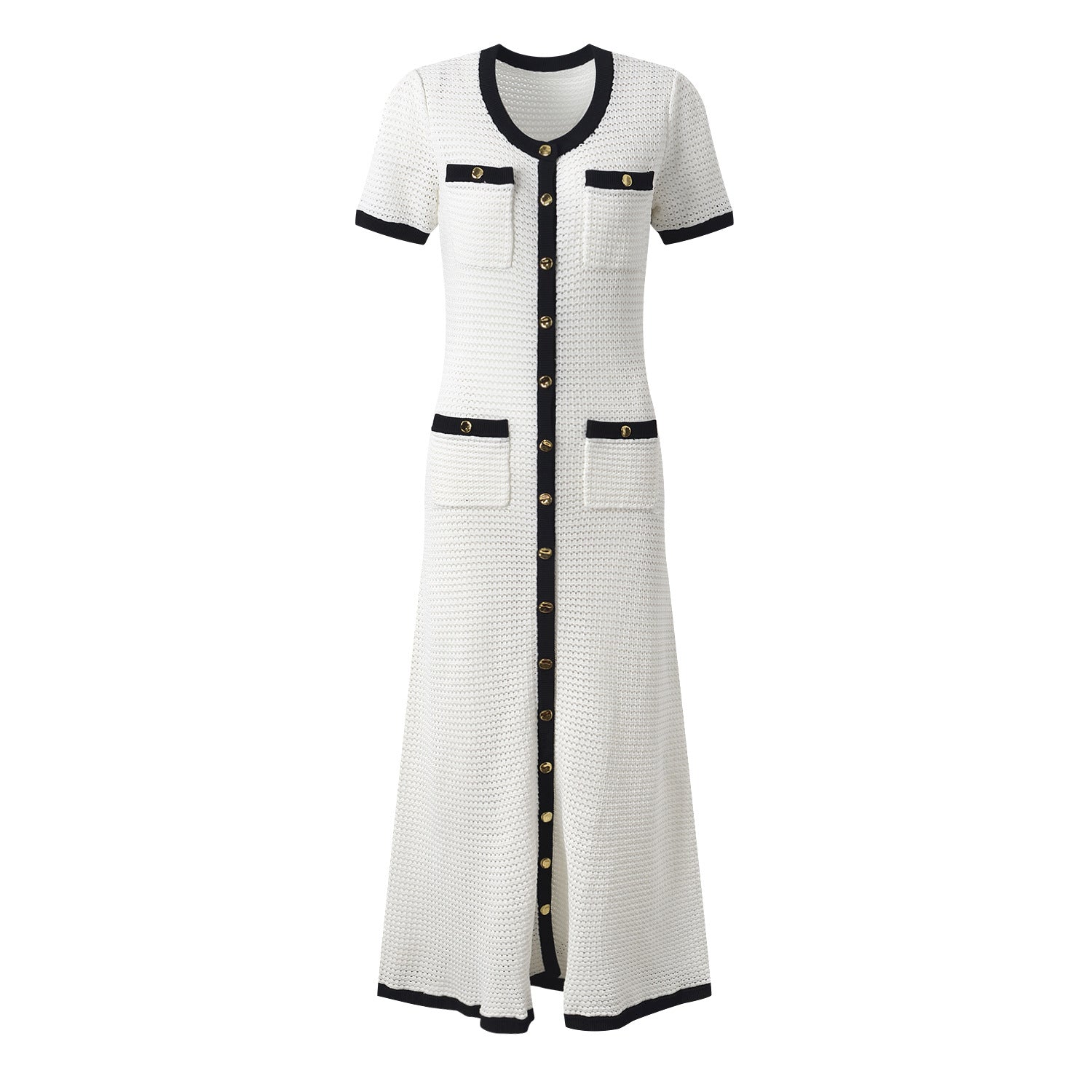 Hollowed Out Knitted Round Neck Short Sleeved Maxi Dress