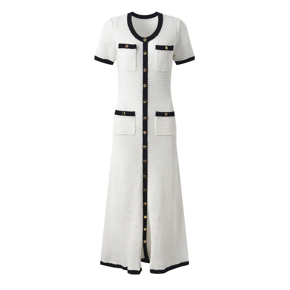 Hollowed Out Knitted Round Neck Short Sleeved Maxi Dress