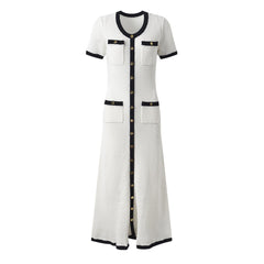 Hollowed Out Knitted Round Neck Short Sleeved Maxi Dress