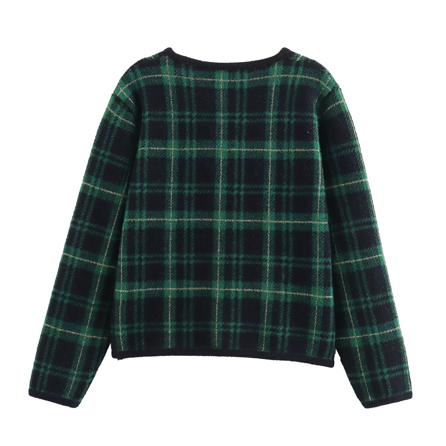 Green Checkered Double Breasted Knitted Cardigan