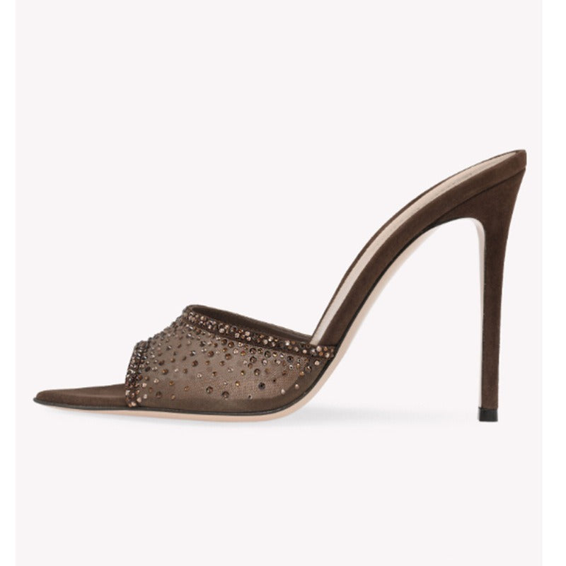 One Line Pointed Fish Mouth Mesh Water Diamond Stiletto Sandals