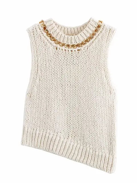 Asymmetrical Sleeveless Round Neck Chain Knitted Vest