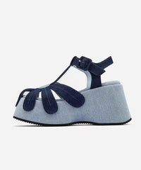 Blue Wedge Denim Fabric Fashion Splicing Hollow Out Sandals