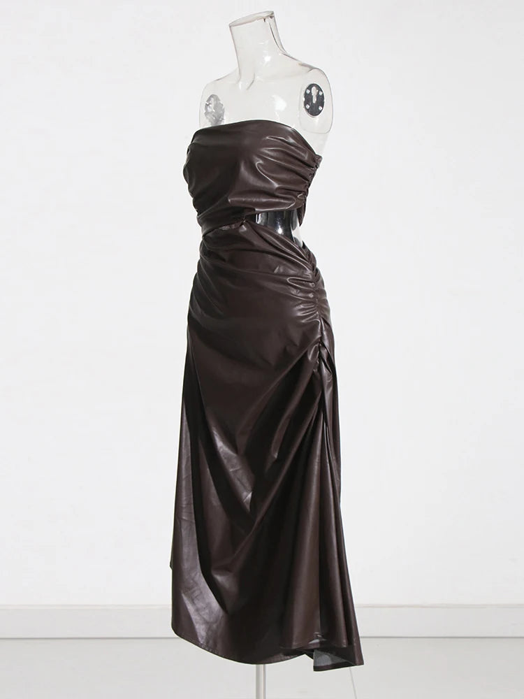 Strapless Ruched Faux Leather Dress