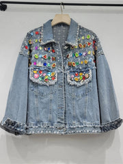 Colorful Diamond Pearl Burrs Ripped Denim Jacket