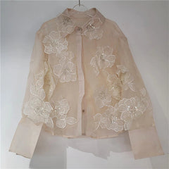 Sequined 3D Flower Micro Transparent Thin Blouse