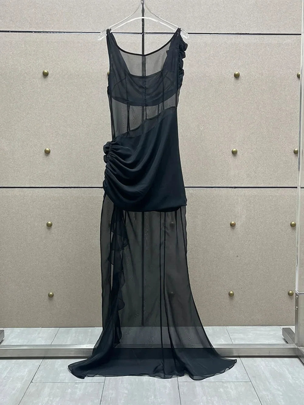 Sleeveless See Through 3D Flower Maxi Dress