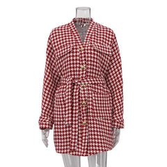 Houndstooth Long Sleeve Jacket + Mini Skirt Set